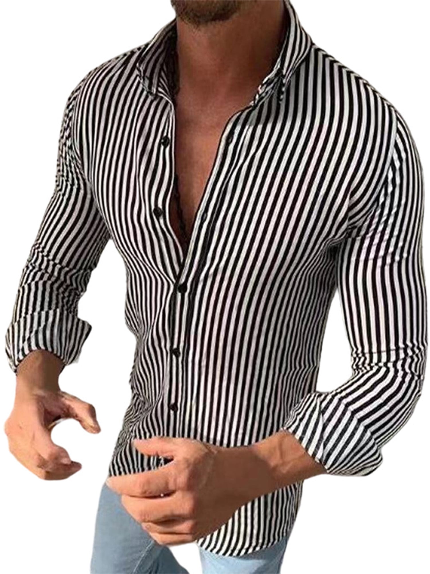 BYWX Men Stripe Print Casual Loose Lapel Long Sleeve Button Up Shirt BYWX Men Stripe Print Casual Loose Lapel Long Sleeve Button Up Shirt