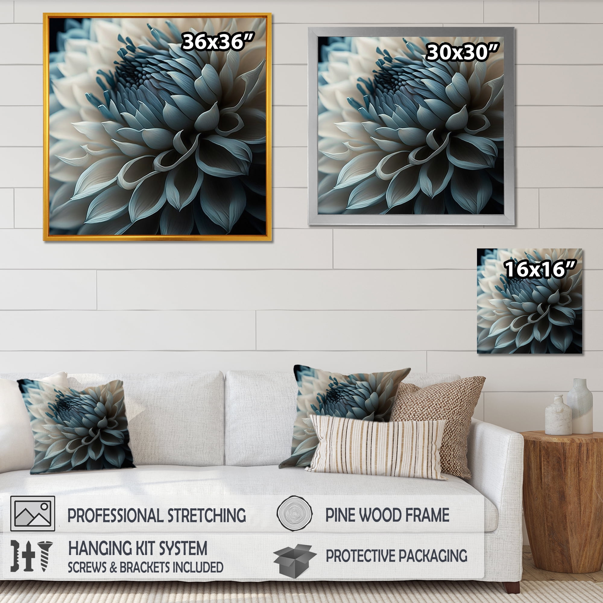 Designart Blue And White Dahlia Flowers II Canvas Wall Art