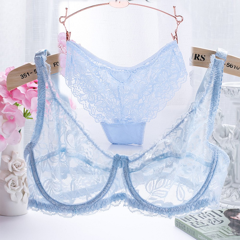 Lace Embroidery Bras Set Underwear 34 cup thin Transparent Bra Panty