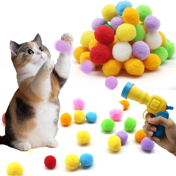 Cat Toy Ball Launcher Gun, Cat Fetch Toy Gun Shooter, Plush Ball Shooting Gun with 50Pcs Pom Pom Balls, Funny Interactive Cat Toys