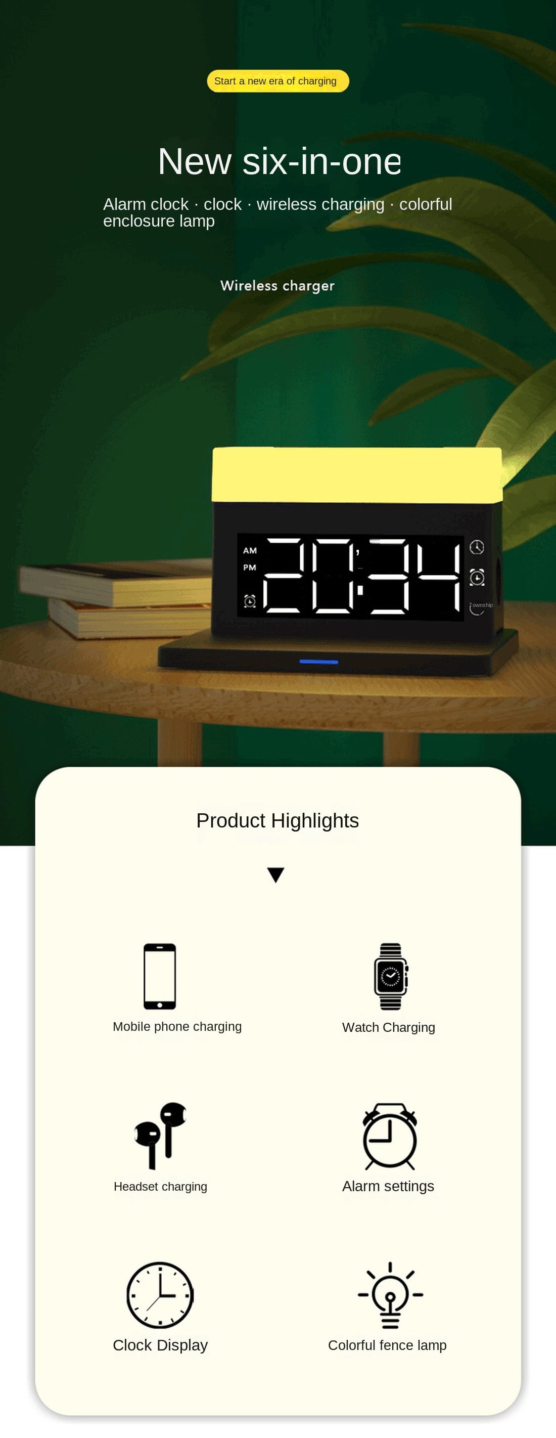 6 in 1 Wireless Charger,6 in 1 Wireless Charging Station with Digital Alarm Clock,Clock,Colorful Atmosphere Night Light,15W Fast Charger Compatible with iPhone 14/13/12/11/XS/8 Samsung Galaxy AirPods