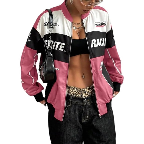 Race Car Driver Jacket, Womens Racing Jacket Color Block Letter Graphic Bomber Jackets Zip Up Lightweight Varsity Coats Y2k Outerwear