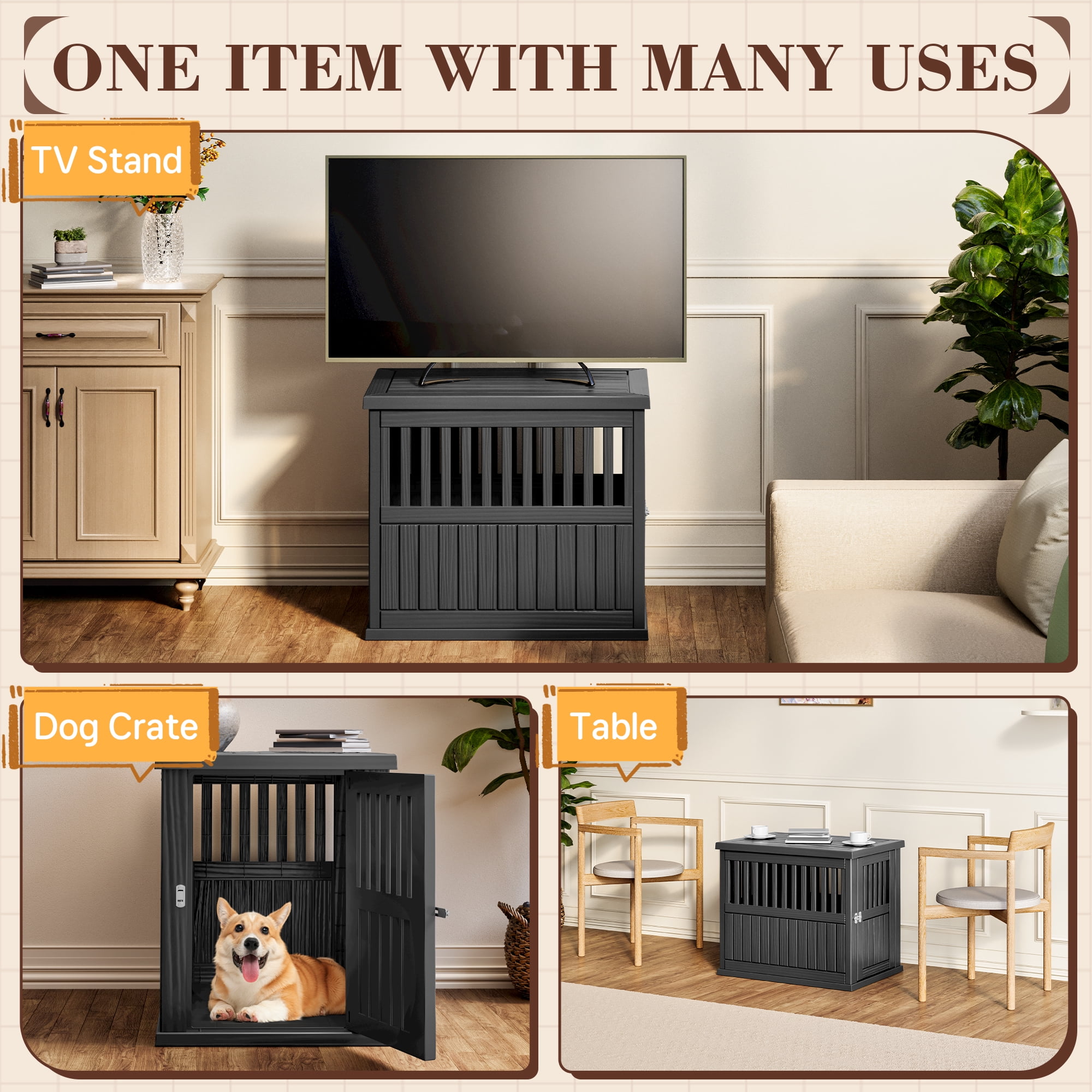 Bifanuo Dog Crate, Decorative Plastic Kennel with Locking Latch for Small to Medium Breeds, Indoor, Black