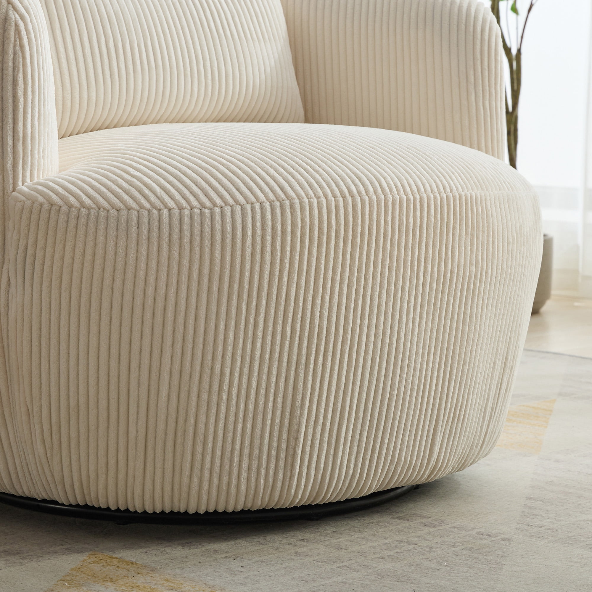 Gewnee 34.25 "Wide Upholstered Corduroy 360° Swivel Barrel Soft Accent Chair with Pillow, Circular Reading Armchair for Club, Living Room, Bedroom, Office, Lounge, Ivory.