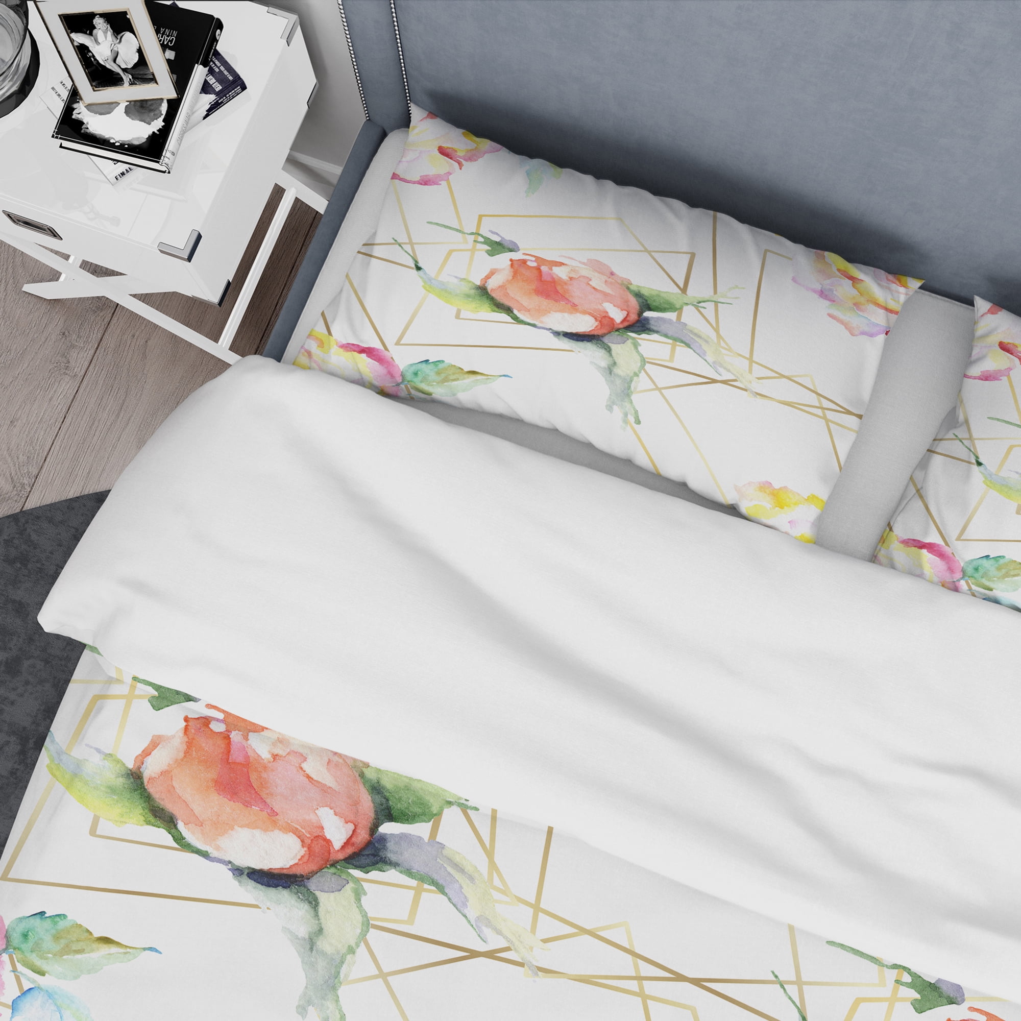 Designart 'Orange Rose Flower Retro Pattern' Mid-Century Modern Duvet Cover Set