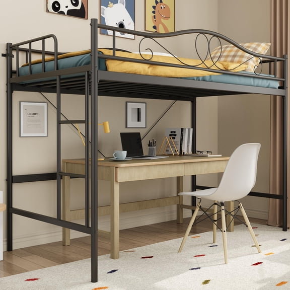 Black Heavy Duty Metal Twin Loft Bed with Adjustable Ladder Full Guardrail, 400LB Load Capacity Noise Free Space Saving Bedroom Furniture, No Box Spring Needed
