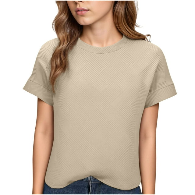 JYnXIANTI Womens Tops Summer Short Sleeve Basic T Shirts Textured Crew Neck Casual Tees Spring Trendy Clothes S-XXL