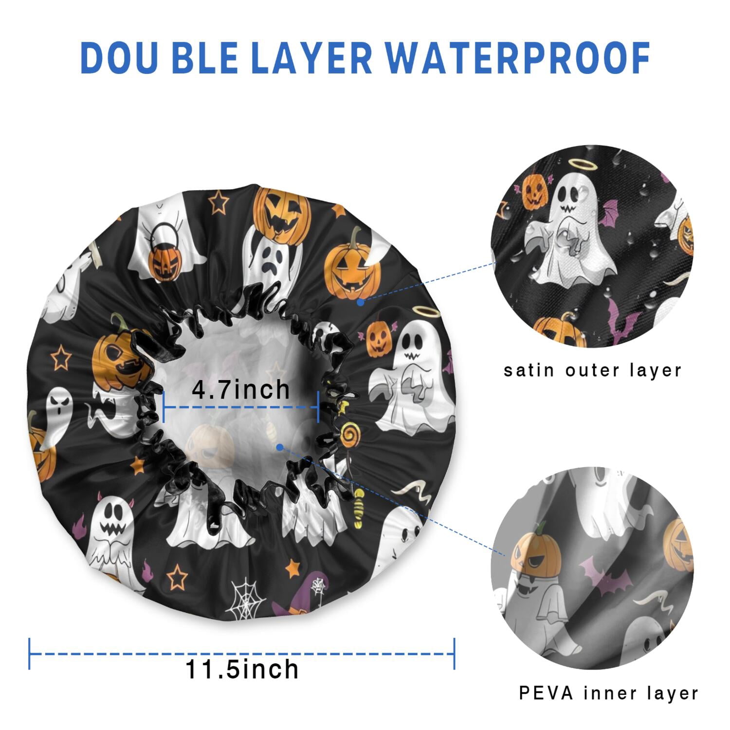 Shower Caps,Black Halloween Ghosts and Pumpkins Waterproof Shower Cap for Women 4 Pieces,Double Reusable Hair Cover for Shower PEVA Elastic Stretch Hem