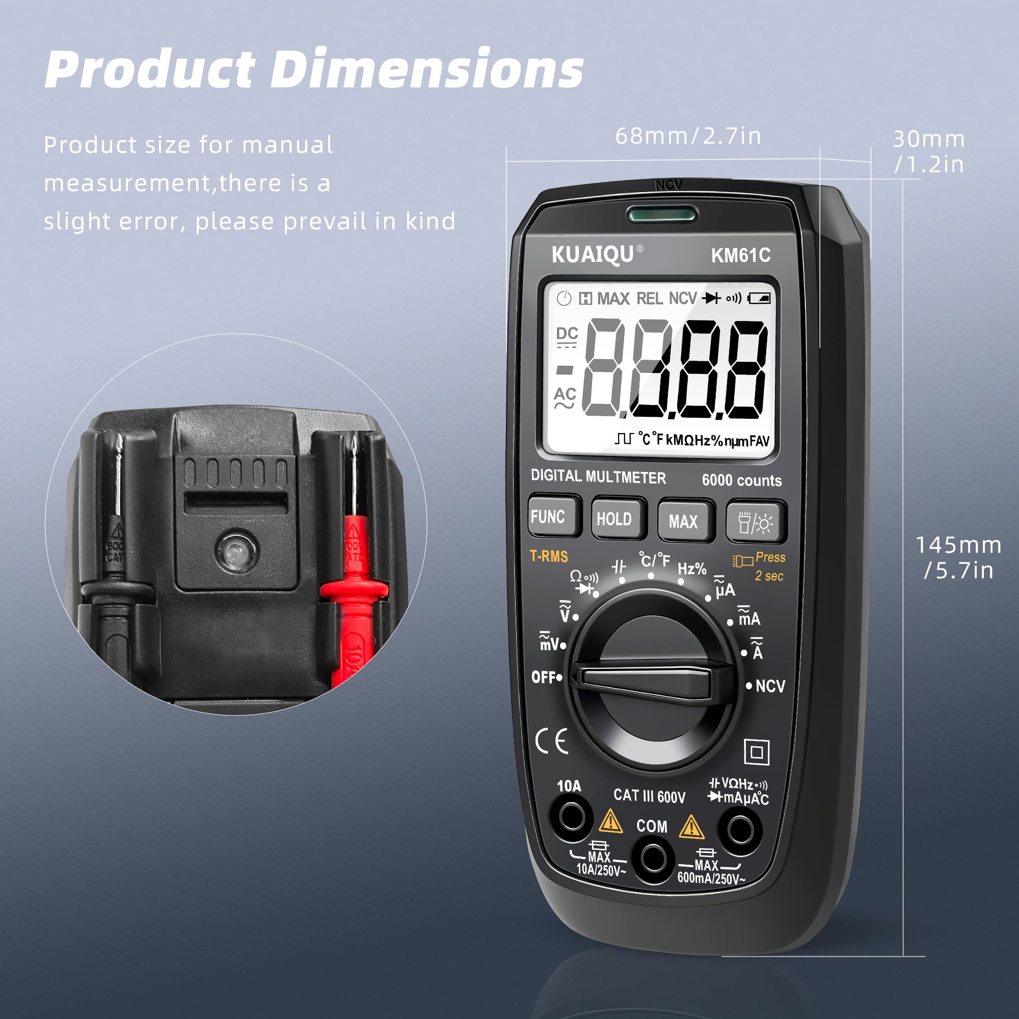 KUAIQU Digital Multimeter TRMS 600V AC/DC Voltage Tester 6000 Counts NCV Ohmmeter Measures Resistance Capacitance Frequency Temperature Diodes Suitable for Electronics HVAC Multimeter KM61C