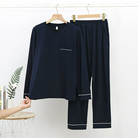 

FITORON Mens Pajama Sets- Men Casual Solid Pullover Long Sleeves Sleepwear Pocket Tops and Pants Crew Neck Suit Navy XXXL