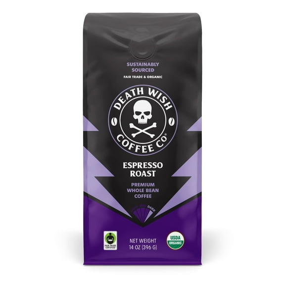Death Wish Coffee, Organic and Fair Trade Espresso Roast Whole Bean Coffee, 16 oz