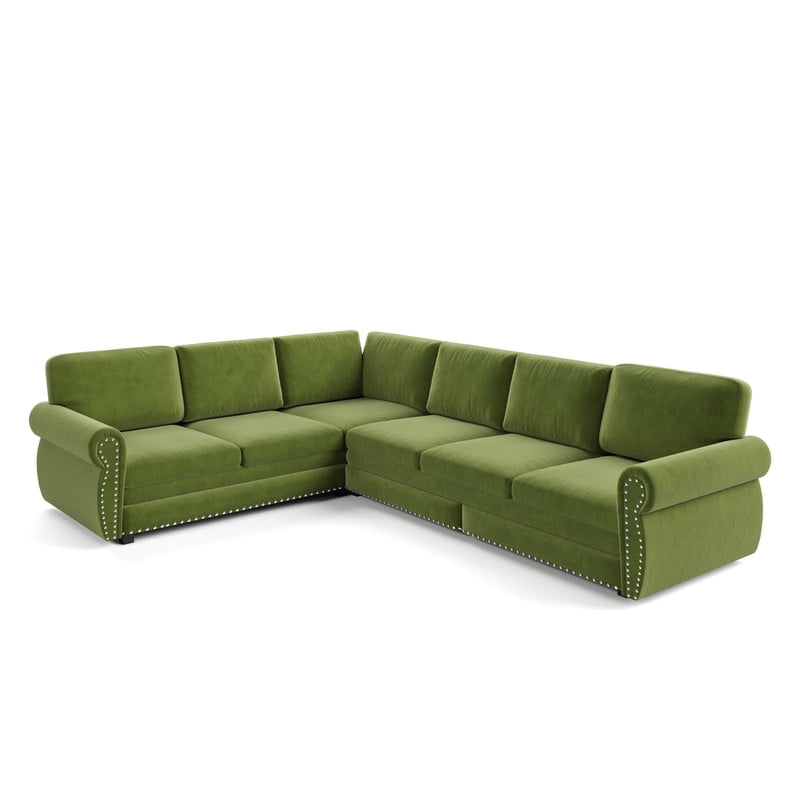 118" L-Shaped Convertible Sleeper Couch Bed, Chenille Upholstered Sectional Sofa with Pull-Out Sofa Bed, Modern Chesterfield Sofa for Living Room