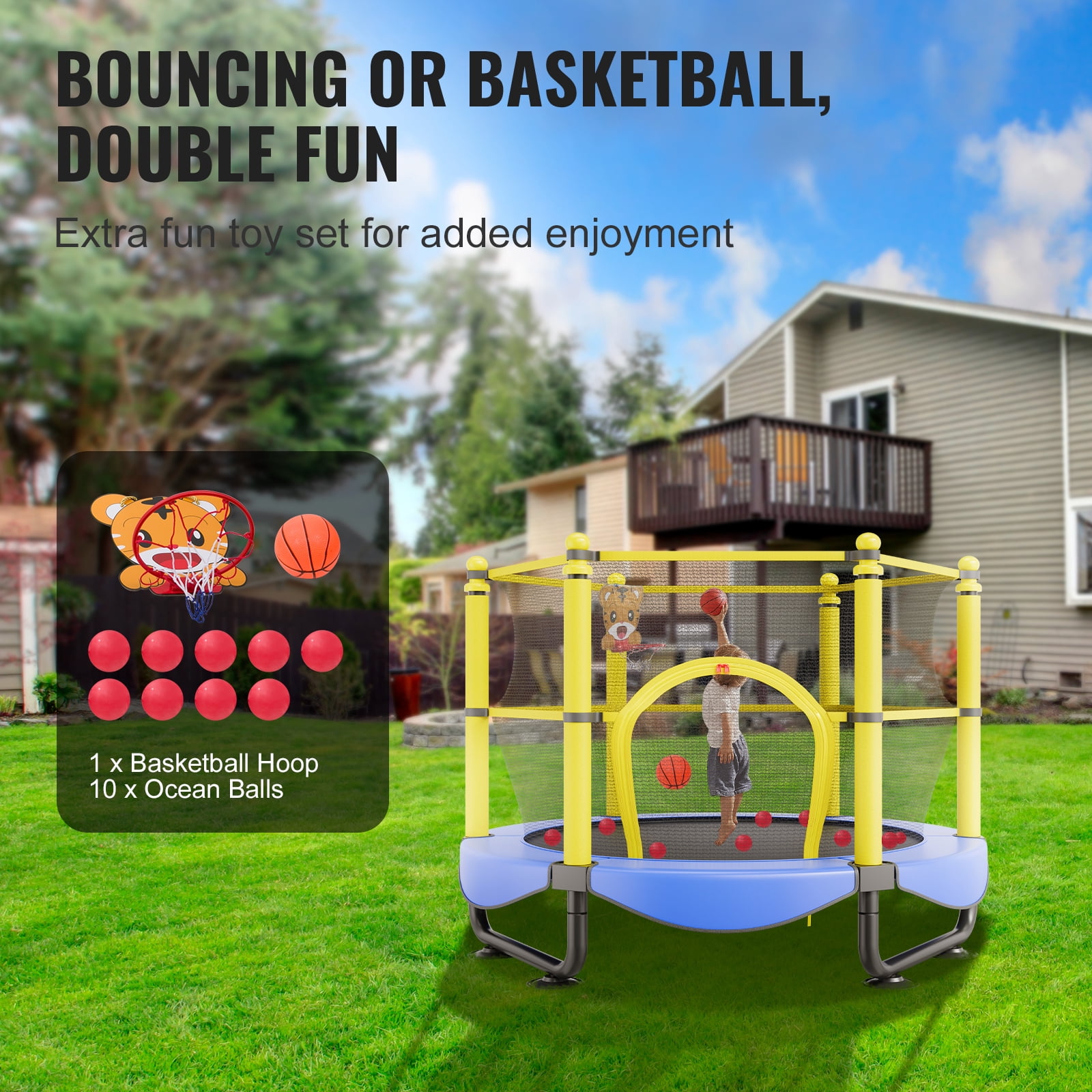 BENTISM Trampoline for Kid's with Enclosure Net and Balls, Blue, 46.46" x 60.00" x 60.00"