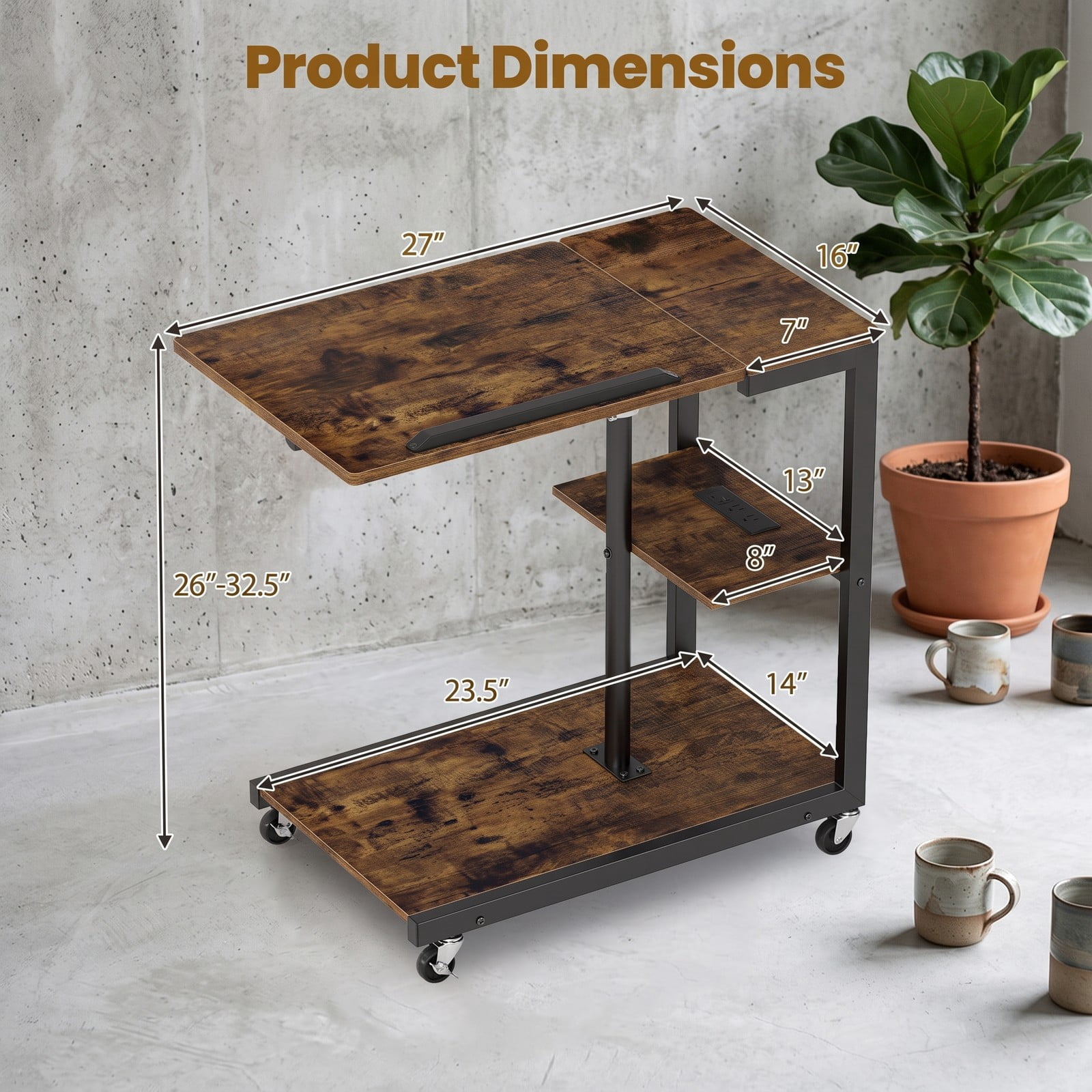 Furnibear 3-Tier Mobile Couch Side Table with Charging Station, Height Adjustable C-Shaped Sofa End Table with Tiltable Tabletop, 2 AC Outlets, Rustic Brown & Black