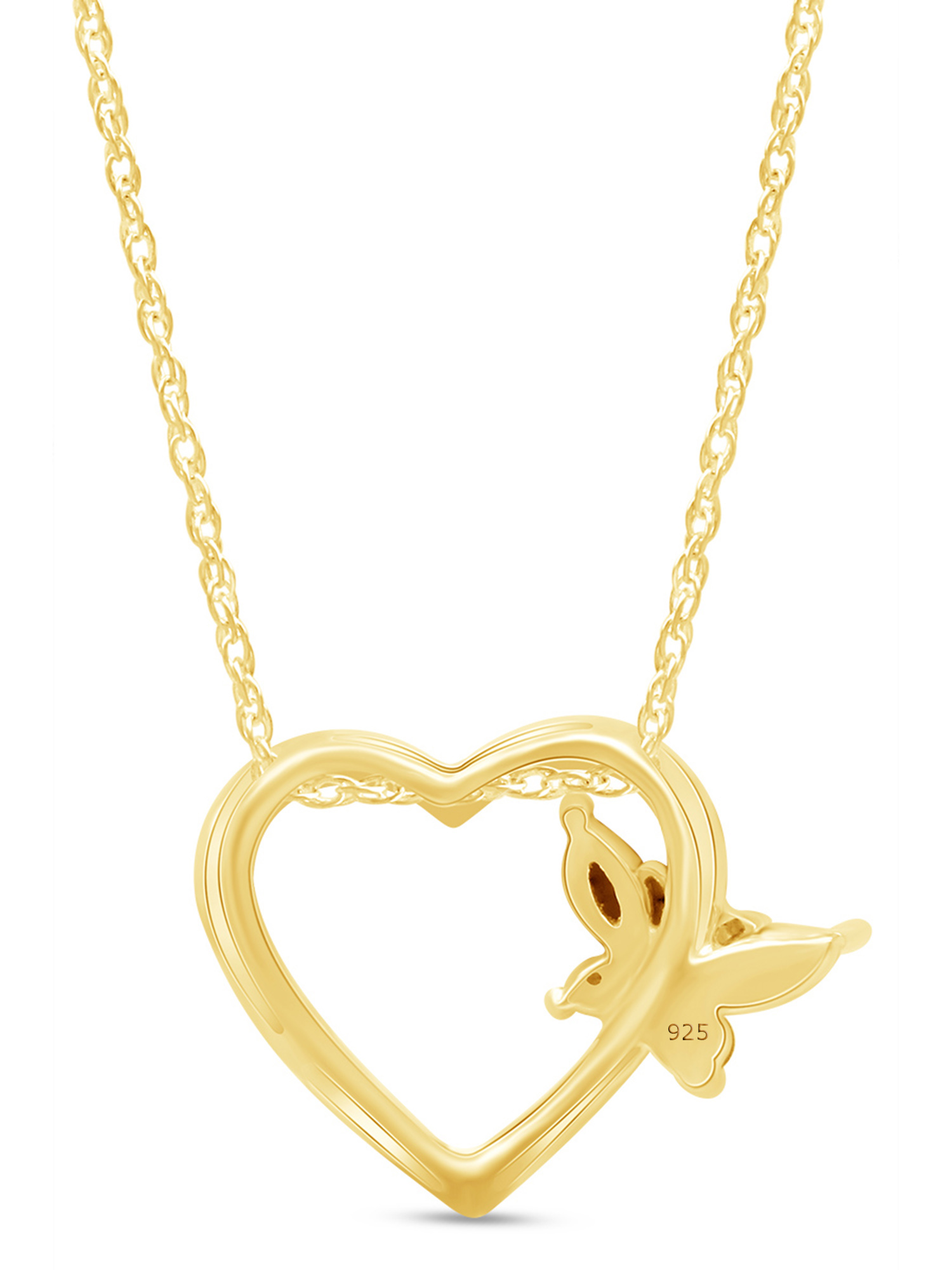 14k Yellow Gold Over Sterling Silver Simulated Blue Sapphire And Sparkling White Cubic Zirconia Butterfly Open Heart Pendant Necklace With 18" Chain