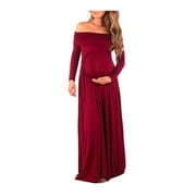 Off Shoulder Maternity Solid Color Maxi Dress Causal Pregancy Dress Wine Red M