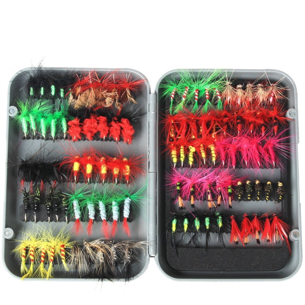 walmeck 100pcs Fly Fishing Flies Kit Dry Fly Fishing Flies Assortment with Fly Box Trout Bass