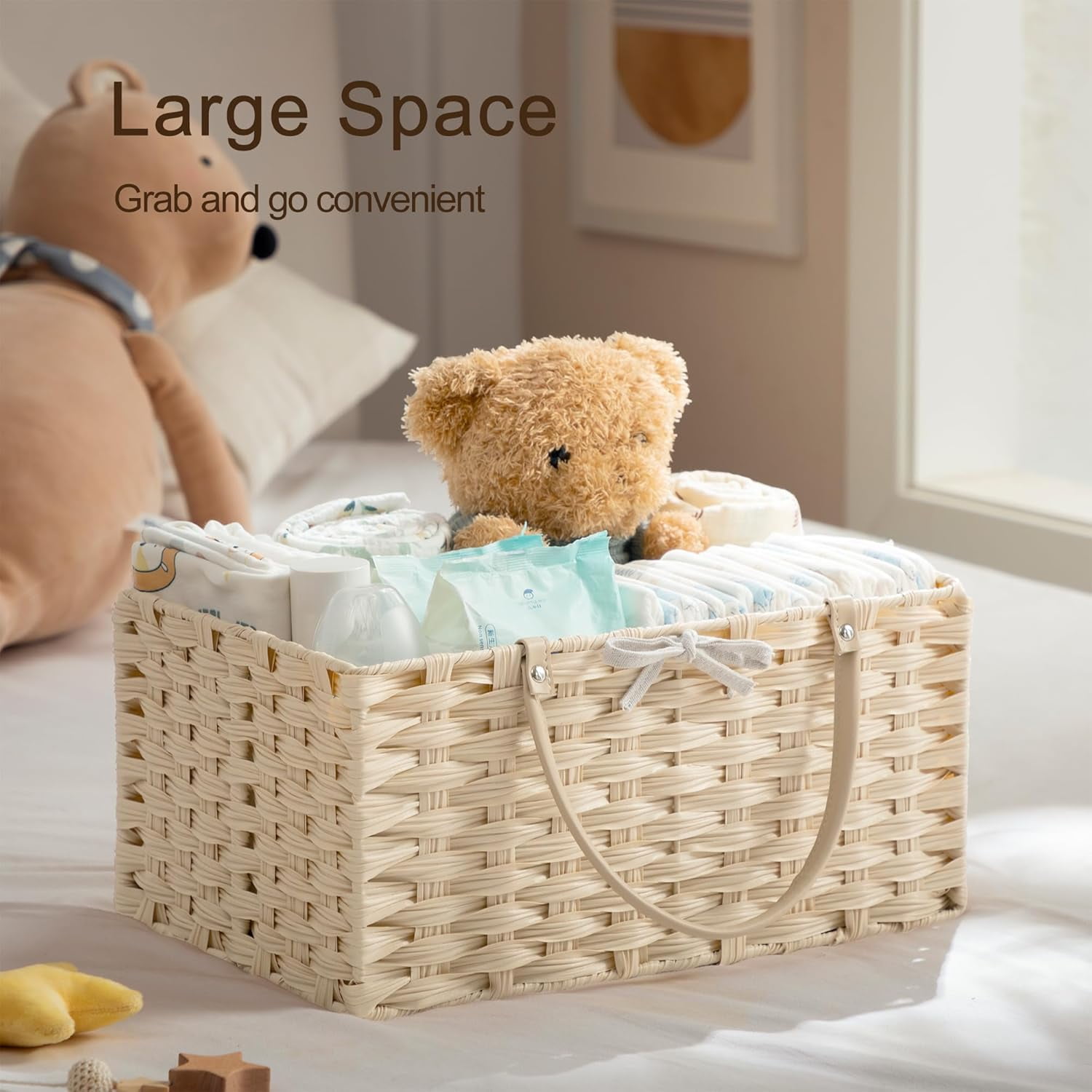 Large Diaper Caddy Organizer, Washable Waterproof, Portable Plastic Wicker Woven Basket with Divider, Nursery Diaper Station, Baby Shower Gifts Basket & Car Organizer