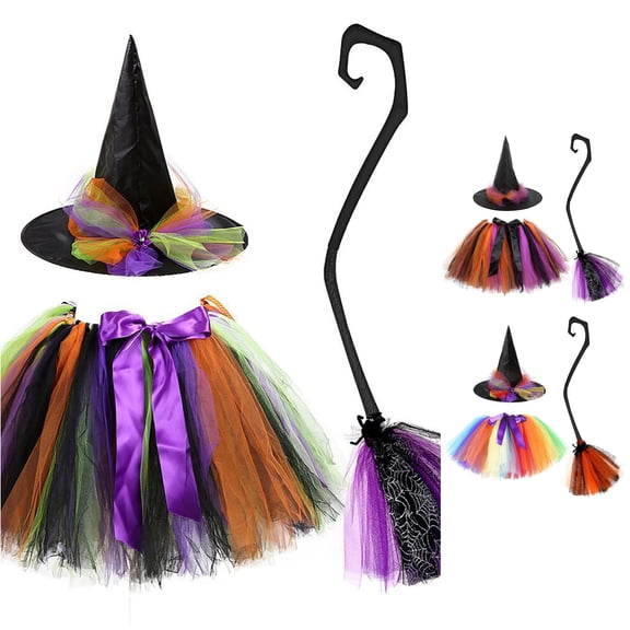 Toddler Kids Girls Outfits Rainbow Witch Tutu Skirt with Hat Broom Halloween Dress Up Clothes Set 2-4 Years