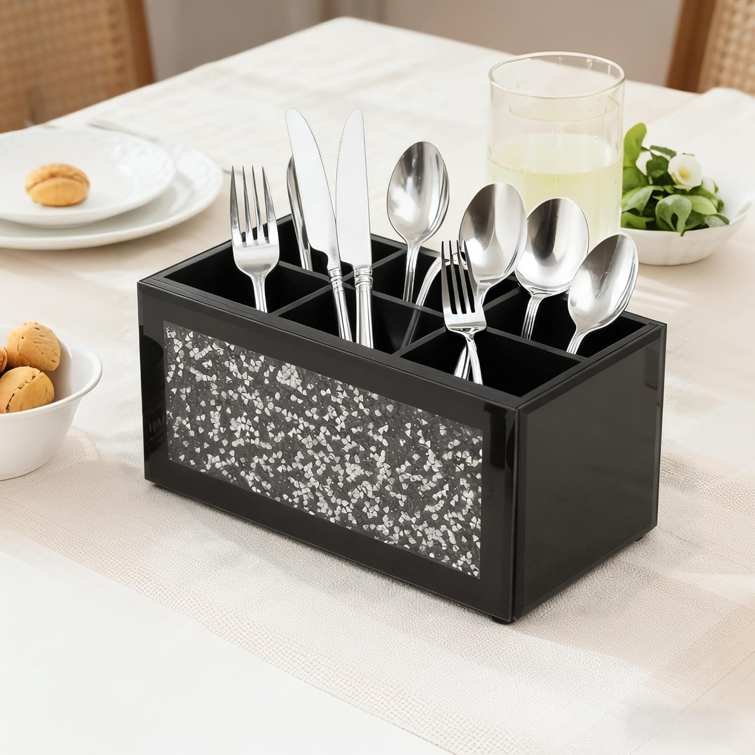Silverware Holder, Kitchen Utensil Caddy with 6 Compartments, Cutlery Storage Organizer Countertop, Flatware for Party, Spoon, Fork Black