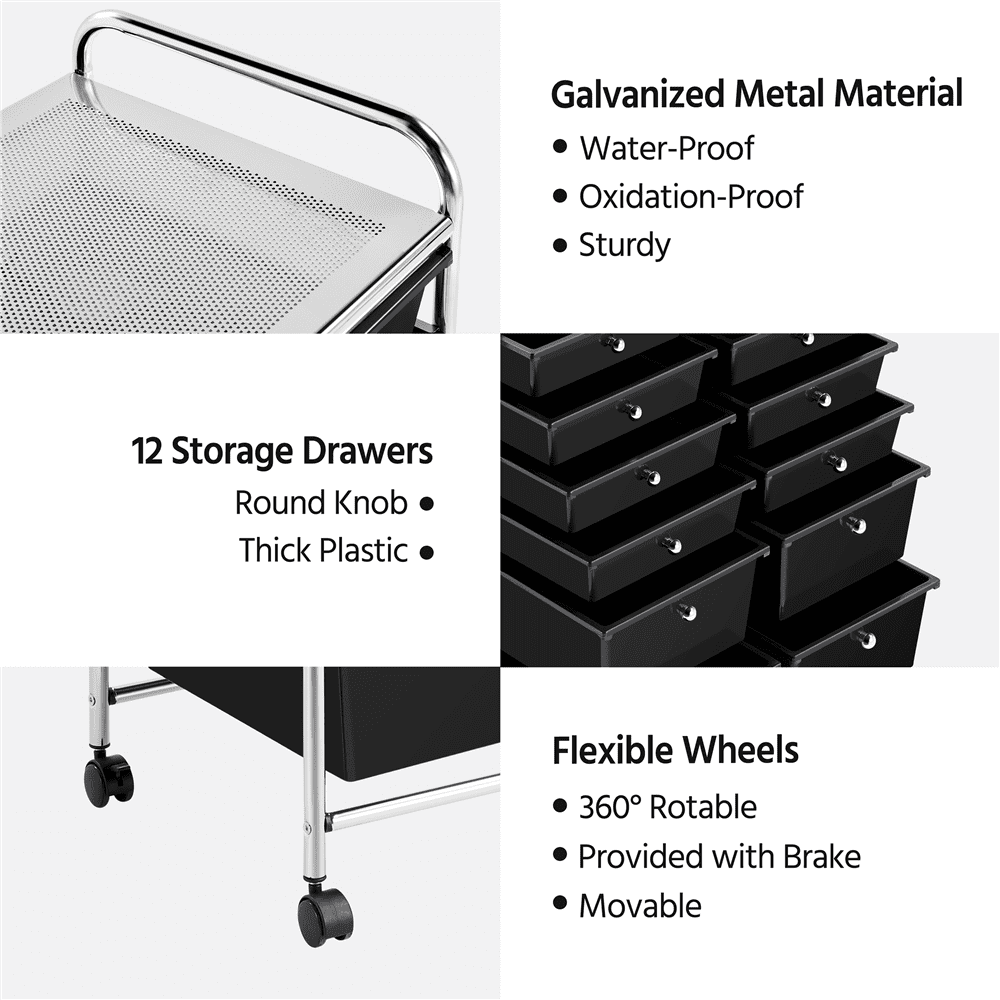 Alden Design 12 Drawer Rolling Storage Cart Organizer with Lockable Wheels, Black