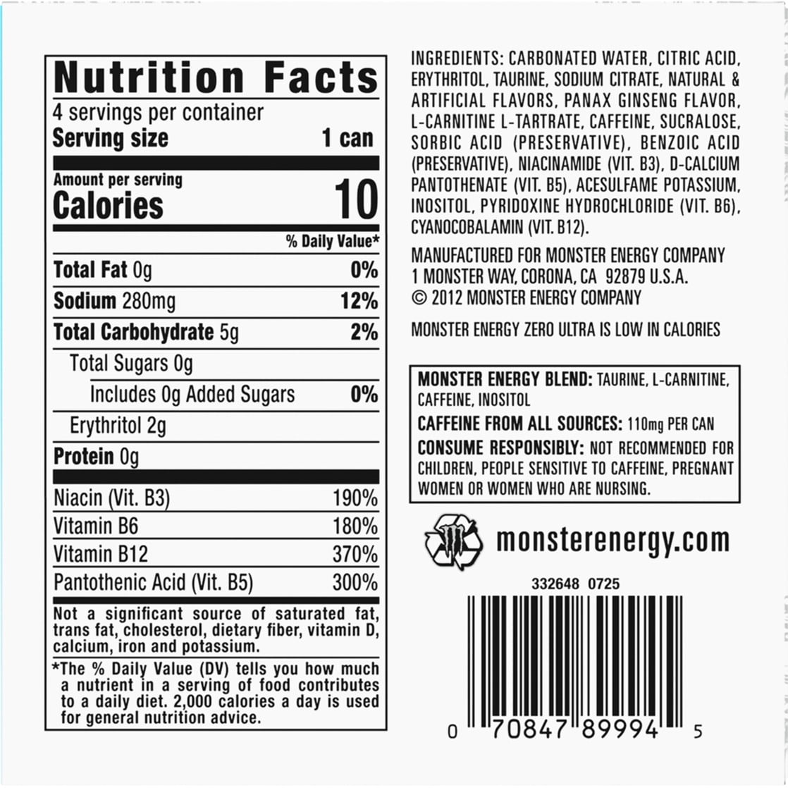 Monster Energy, Zero Ultra, Sugar Free Energy Drink, 4 Pack - 12 Fl Oz