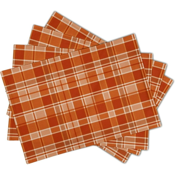 Jinswick Fall Placemats Set of 4,Burnt Orange Buffalo Plaid Table Mats 12x18 Inch,Autumn Harvest Thanksgiving Heat-Resisting Non Slip Linen Burlap Place Mats for Kitchen Dining Table Decor