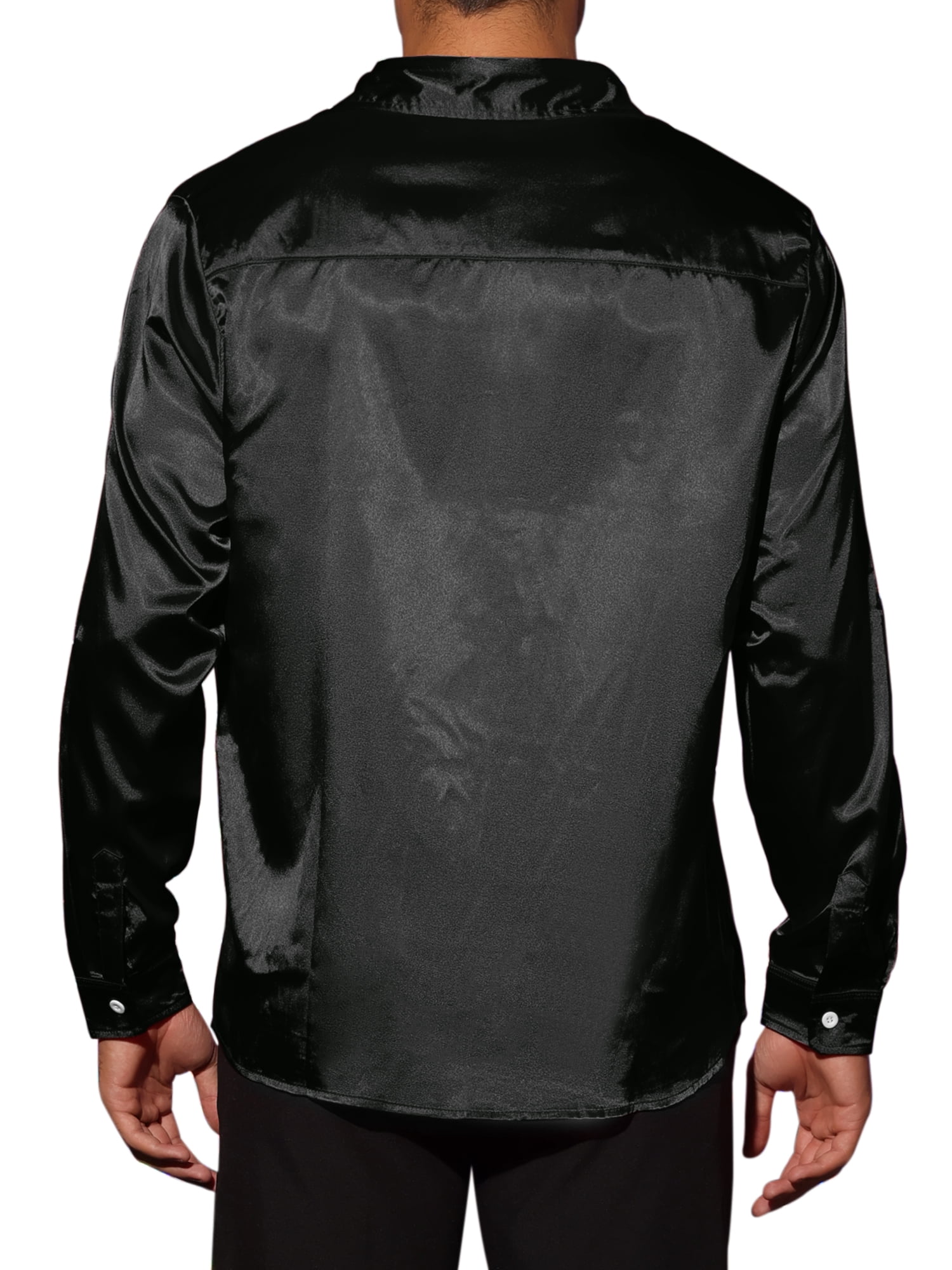 Unique Bargains Men's Satin V Neck Long Sleeves Button Down Prom Shirts XL Black