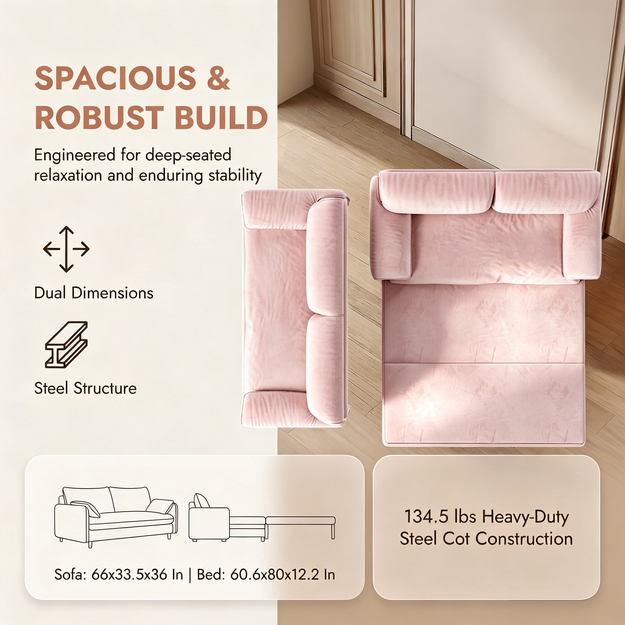 3-in-1 Queen Pull Out Sofa Bed, 66" Velvet Convertible Sleeper Couch with Deep Seat & Storage Pocket, Modern Folding Futon Sofa Bed, Pink