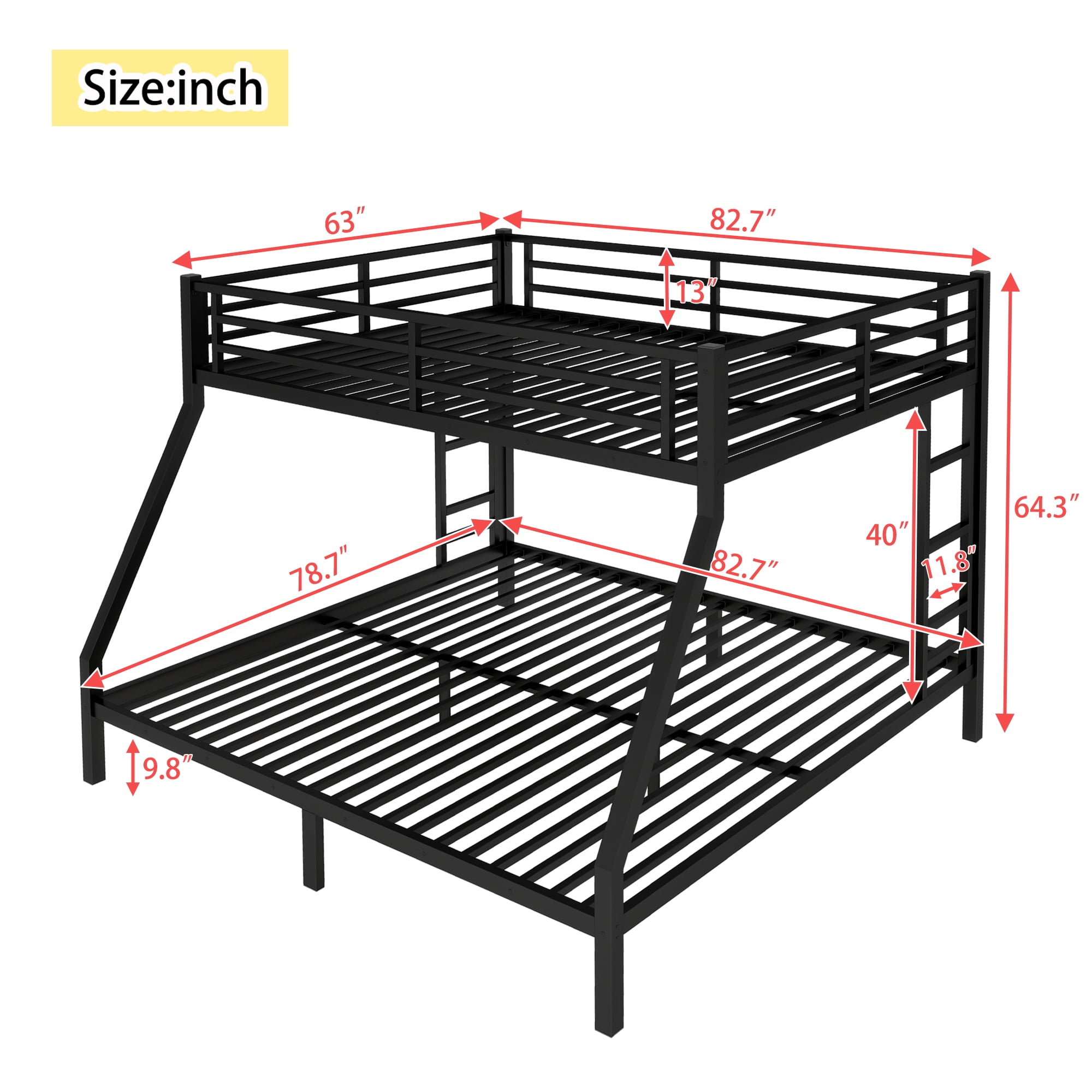 Leumius Queen over King Bunk Bed for Teens and Adults,Heavy Duty Metal Bunk Bed with Full-Length Guardrail and Ladder,Space-Saving/Noise Reduced/No Box Spring Needed, Black