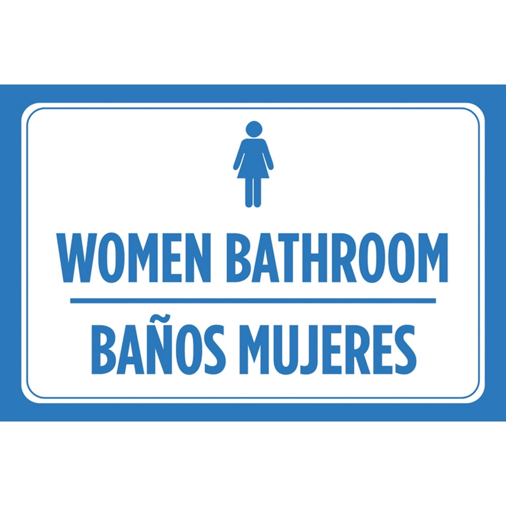 Women Bathroom Banos Mujeres Spanish Print Blue White Woman Pic Symbol