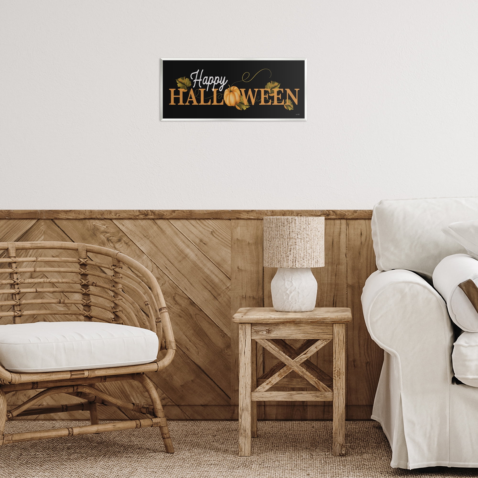 Stupell Industries Happy Halloween on Black Holiday Painting Unframed Art Print Wall Art, 17 x 7