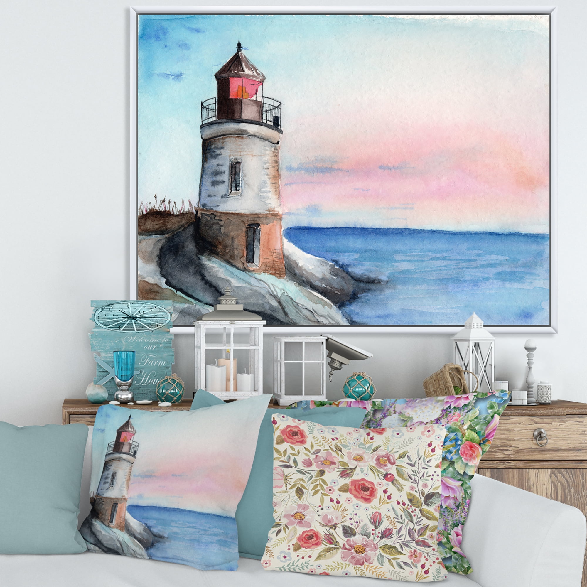 Designart 'A Lighthouse On A Rock Shore At Dawn' Nautical & Coastal Framed Canvas Wall Art Print