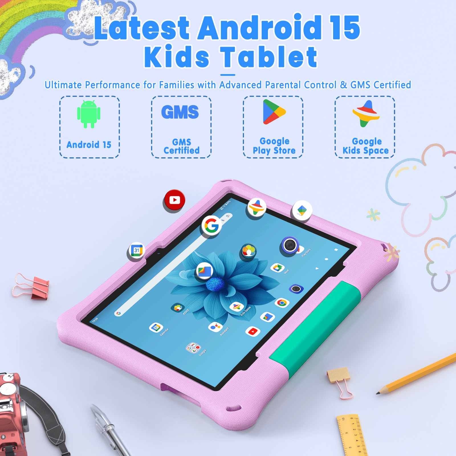 Callsky 10.1" Android 15 Kids Tablet, ABCmouse Authorized Learning App, HD Display, 8-Hour Battery, Parental Controls, Google Kids Space, Pink