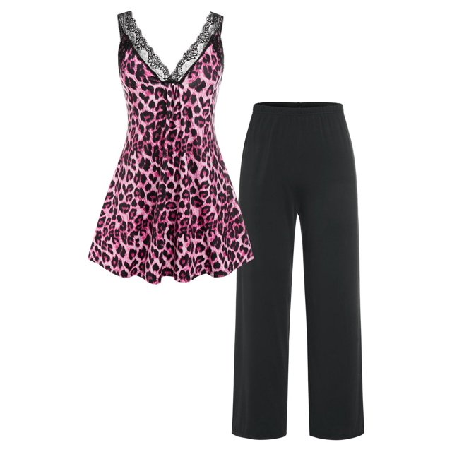 Conjunto Pijama Sin Mangas Estampado Leopardo Tamaño Plus Rosegal Pijamas y Batas Tallas Grandes