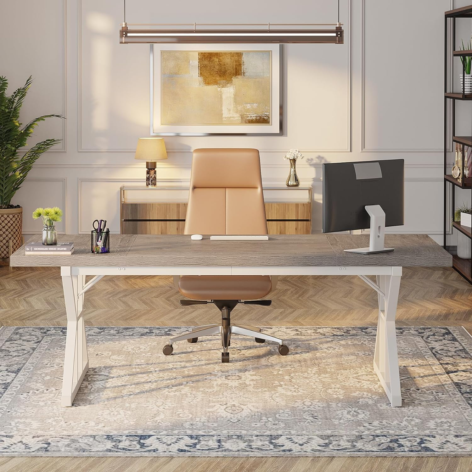 Finmind 71 Inch Executive Desk, Large Computer Office Desk, Modern Study Writing Table for Home Office (Grey/White)