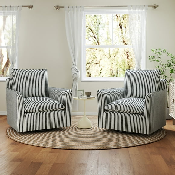 Bonzy Home Swivel Accent Chair Set of 2, Modern Wide Armchair with Thick Backrest & Cushion, Upholstered Square Arm Chairs for Reading, Fabric Single Sofa for Living Room, Bedroom, Blue Stripe
