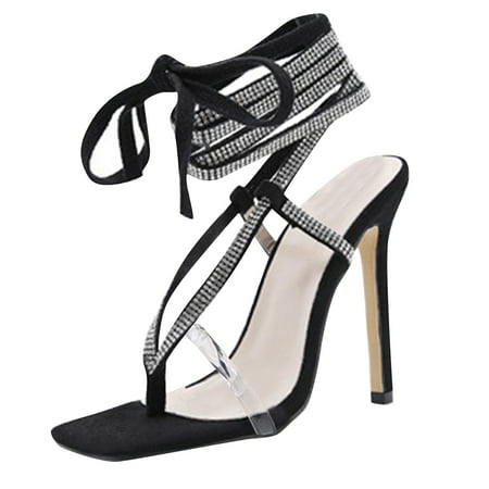 

Women High Heeled Sandals Slim Heel Fashion Rhinestone Transparent Strap Herringbone Clip Toe Roman Sandals