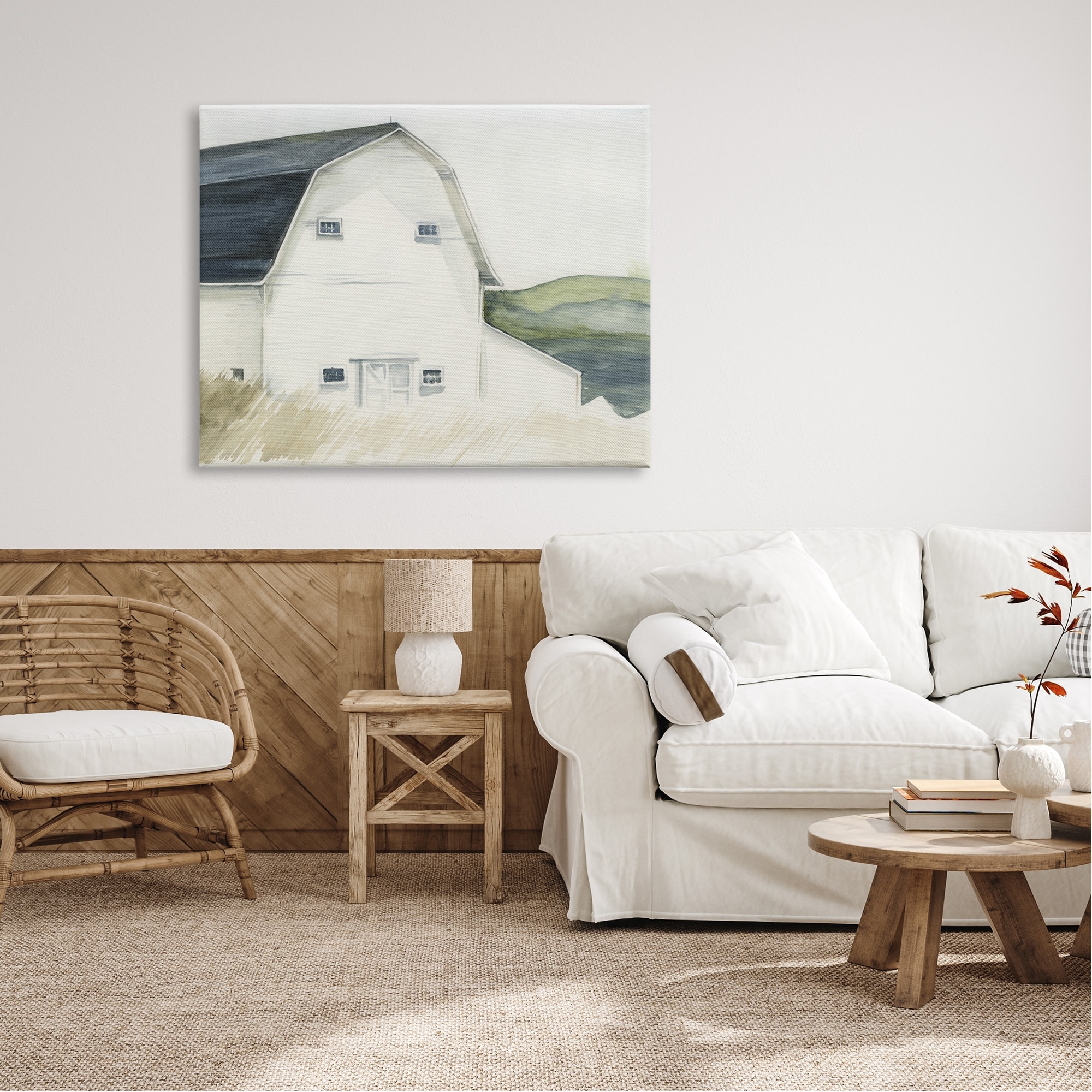 Stupell Industries White Farmhouse Barn Rural Grassland Countryside , 48 x 36, Design by Jennifer Paxton Parker