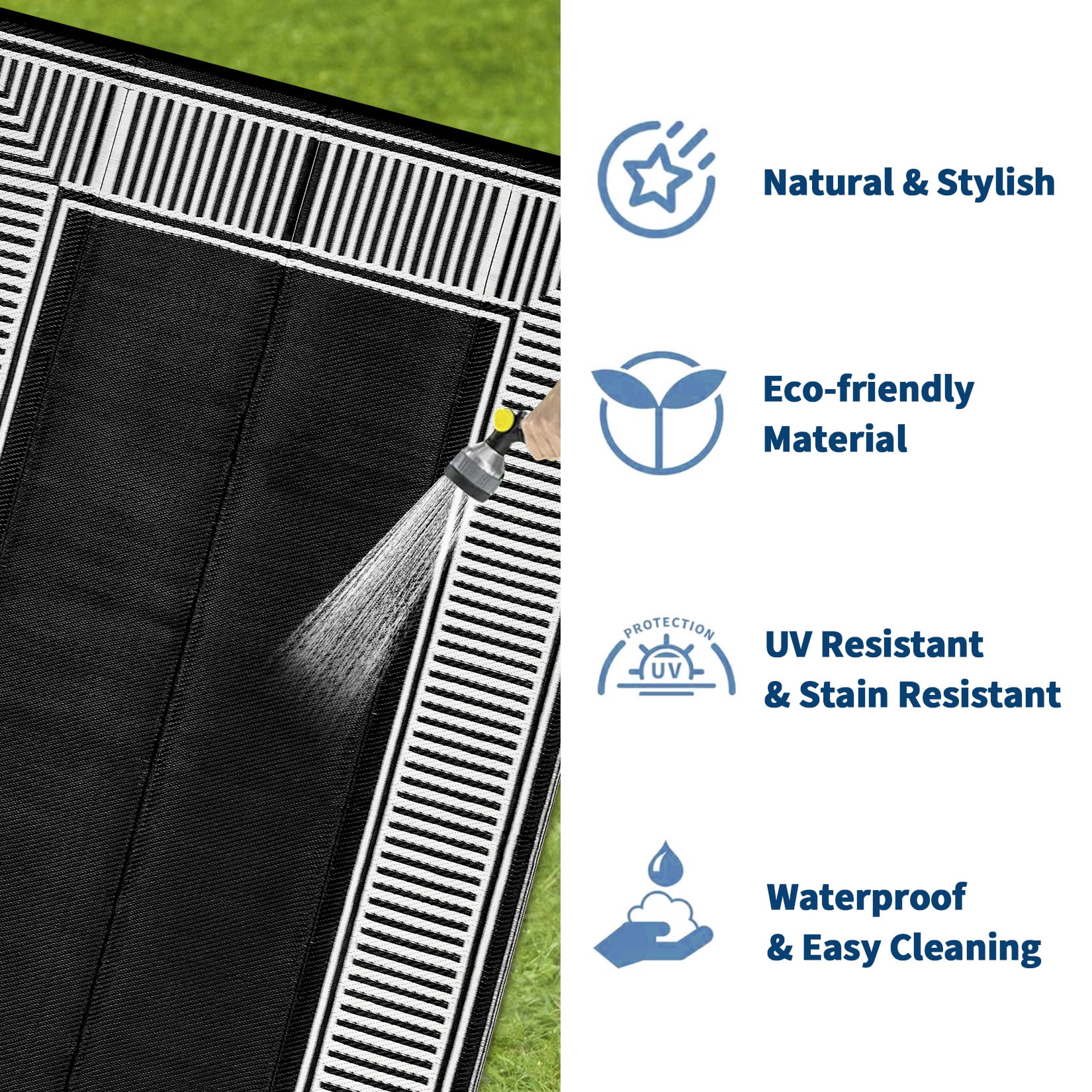 Garvee 8'x10' Waterproof Outdoor Area Rug Reversible Plastic Geometric Bordered Patio Mat UV-Protected for Deck, Backyard, RV and Camping, Black