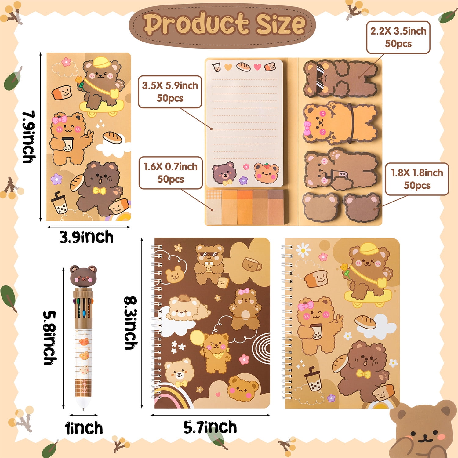 3Pcs Cute Bear A5 Spiral Notebook Set, Sticky Notes Pen Stationery Kit for Birthday Gift