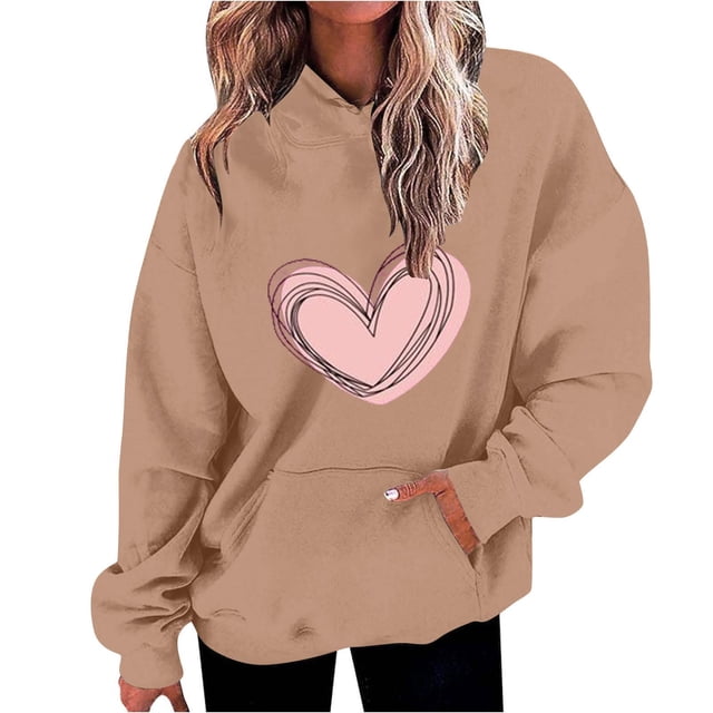Plebaso Women's Heart Printed Hoodies Drawstring Long Sleeve Sweatshirts Loose Pullover Tops with Pockets
