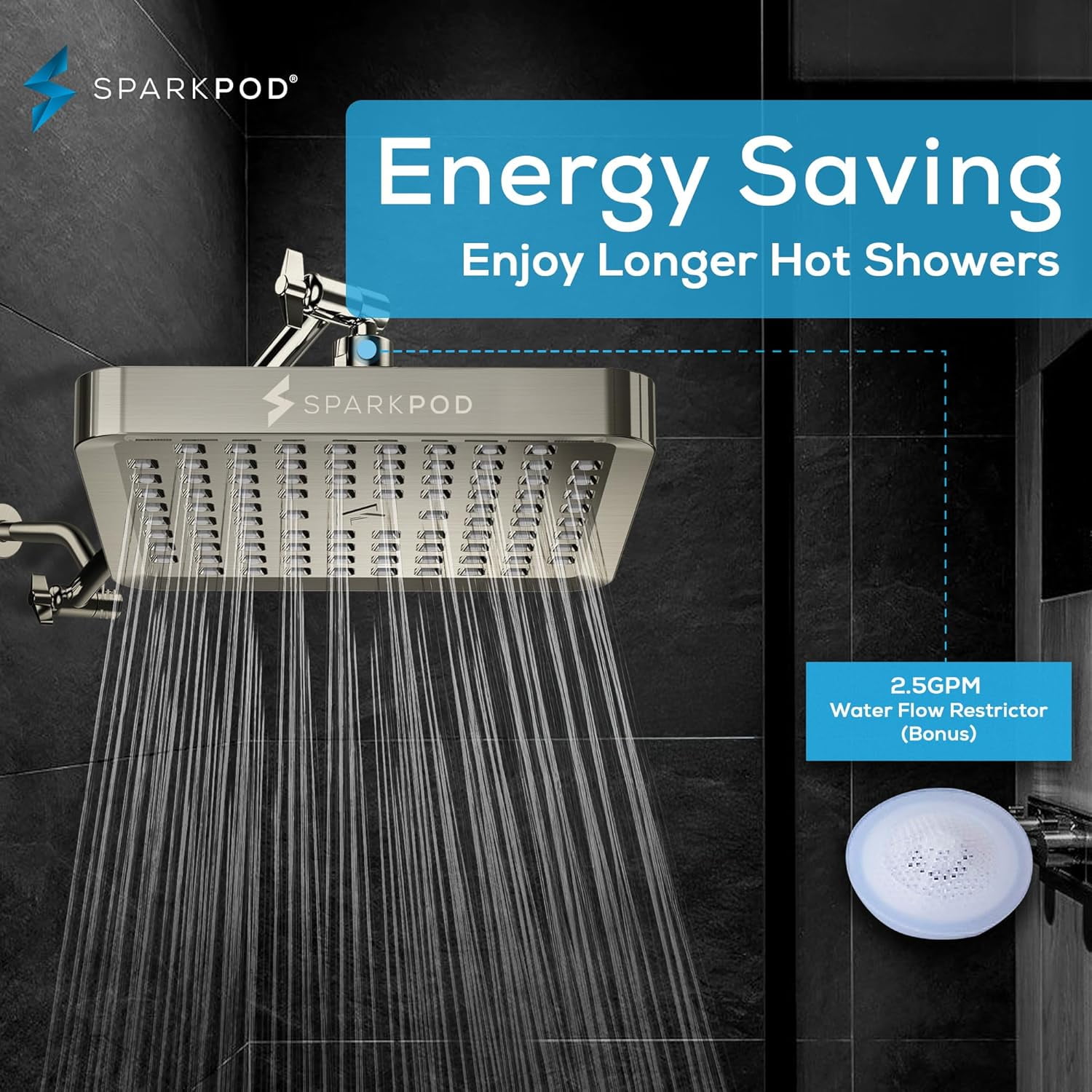 SparkPod High Pressure Rainfall Shower Head, Easy Install, Energy Saving (8 inch Square, Brushed Nickel)