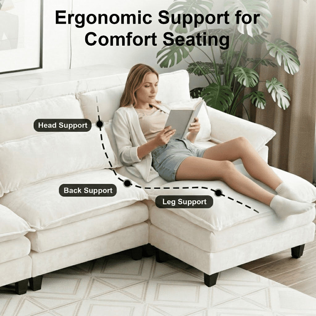 Howcool 148" Modular Sectional Sofa , 4 Seater U-Shaped Cloud Couch with Movable Ottoman, USB Charging Ports & Side Pockets, Sectional couchs for Living Room,Chenille Fabric,Beige(Thick Sponge)