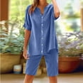 thumbnail image 2 of Htigea Women's Linen Shorts Sets 2 Piece Summer Short Sleeve Top And Shorts Sweatsuit Set Vacation Beach Outfits Sale Blue,L, 2 of 7