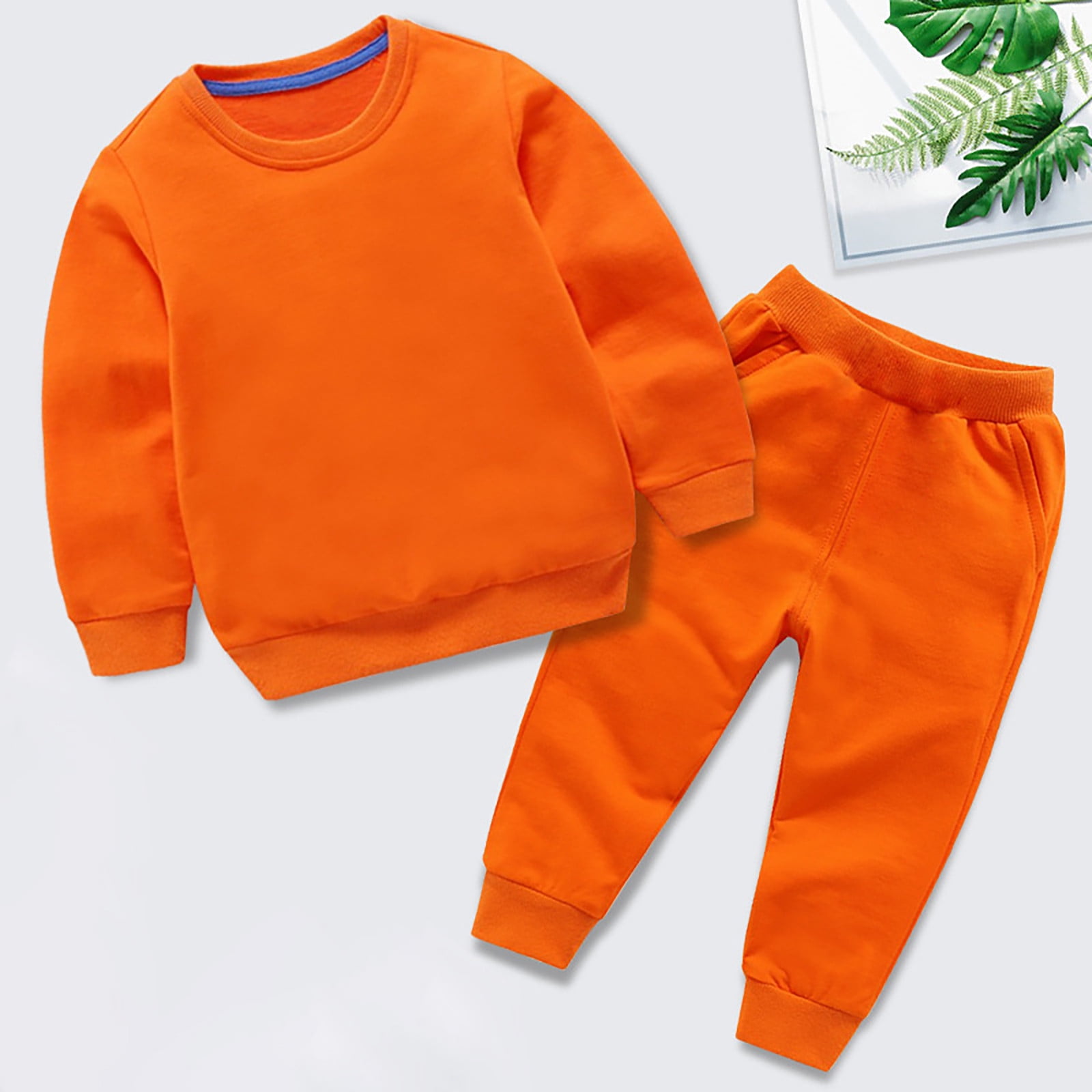 School Kids Clothes,Baby Boy Girl Winter Set Long Sleeve Solid Pullover Sweatshirt Pants Outfit Two Piece Fall Cold Weather Warm Play Wear,Toddler Clothes,Orange,4-5 Years