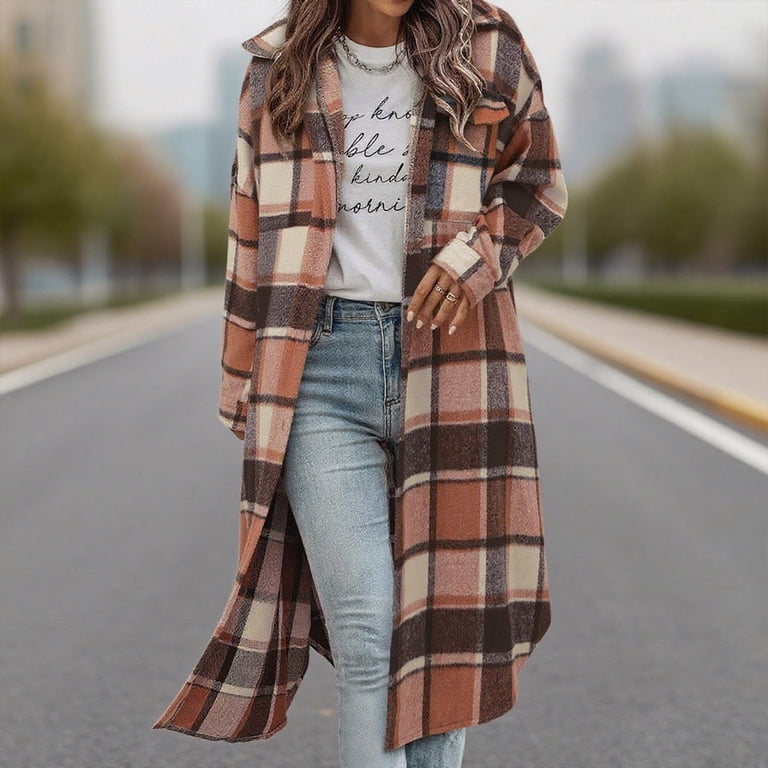Abendedian Women's Vintage Wool Plaid Long Cardigan - Brown Shawl Collar Coat With Pockets, Size S