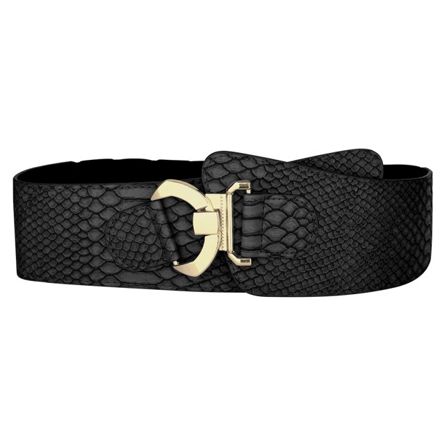 Cinturón Elástico Alto Elástico Inclinado Ancho Cinturón De Cuero Cinturón Para Mujeres Negro Talla única