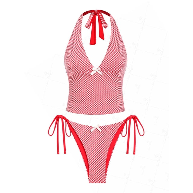 Set Tankini a cuadros rojos a la perfección con decoración de lazo para mujer
