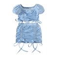 thumbnail image 1 of Vestido Para Niñas, Ropa Para Niñas Pequeñas, Moda Para Niños Pequeños, Lindo Color Sólido, Cordón Plisado, Manga Corta, Top, Falda, Traje, Azul Claro Odeerbi LM103-8905, 1 of 9
